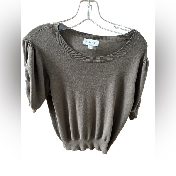 Evereve Diana Crew Pullover Sweater Short Puff Sleeve Gray/Olive Size Large - Picture 1 of 6